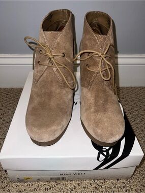 Nine West Taupe Suede Chukka Lace-Up Booties